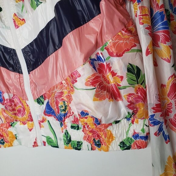 GapFit Floral Windbreaker Zip Jacket L Retro Stripe Lightweight Hood Ivory Coral - Picture 4 of 9